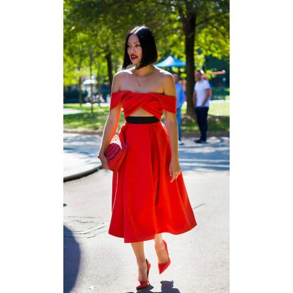 Self-Portrait US2 UK6 Ayelette Cutout Double-Crepe Dress $640 Off Shoulder Red - Picture 5 of 12